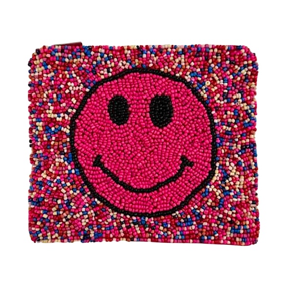 Beaded Sprinkle Smiley Face Coin Purse, Beaded Bag, Emoji - Picture 3 of 4